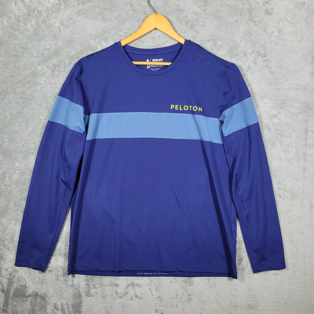 Fourlaps Long Sleeve Men XL Blue Peloton Training Shirt Activewear Stripe Logo